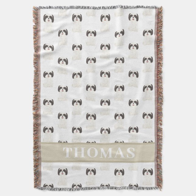 Personalized Shih Tzu (Black & White) Pink & White Throw Blanket (Front Vertical)