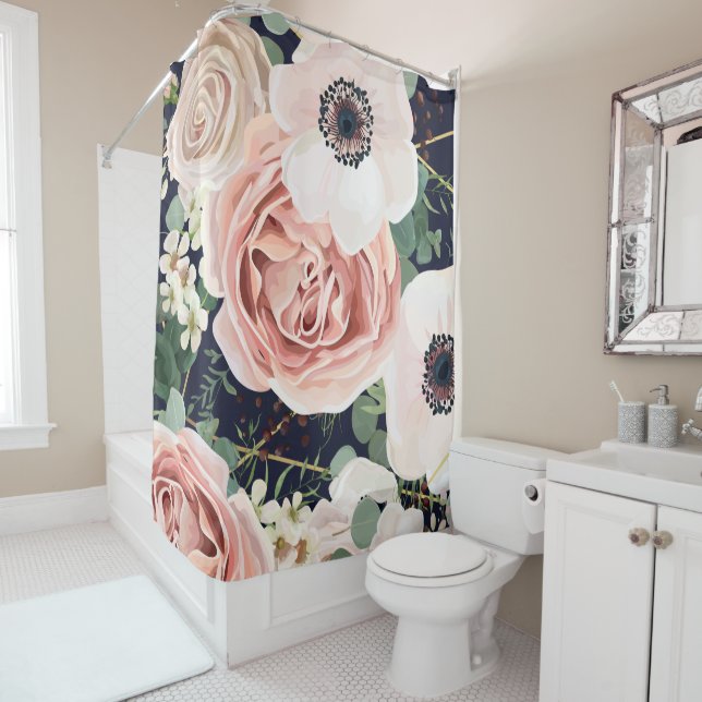 Personalized Shower Curtain Geometric Garden Navy (In Situ)