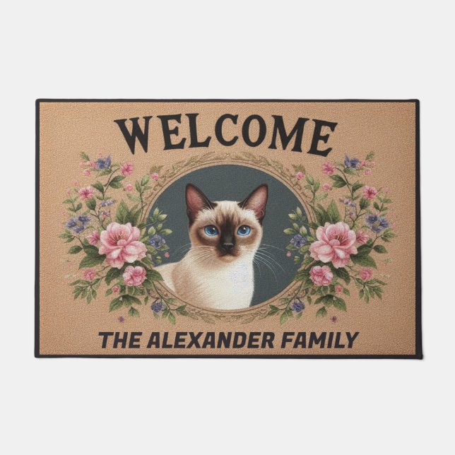 Personalized Siamese Cat, Floral Kitten Welcome Doormat (Front)