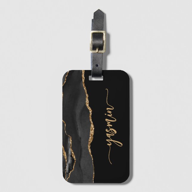Personalized Signature Black Gold Agate Luggage Tag (Front Vertical)