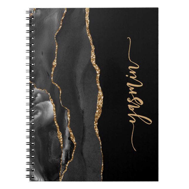 Personalized Signature Black Gold Agate Notebook (Front)