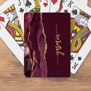 Personalized Signature Burgundy Gold Agate Playing Cards