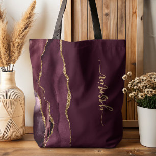 Personalized Signature Burgundy Gold Agate Tote Bag