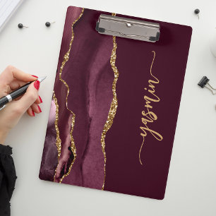 Personalized Signature Burgundy Red Gold Agate Clipboard