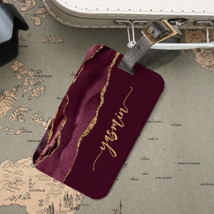 Personalized Signature Burgundy Red Gold Agate Luggage Tag