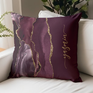 Personalized Signature Burgundy Red Gold Agate Throw Pillow