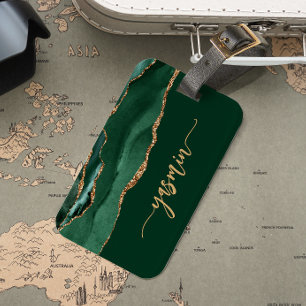 Personalized Signature Emerald Green Gold Agate Luggage Tag