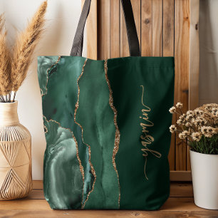 Personalized Signature Emerald Green Gold Agate Tote Bag
