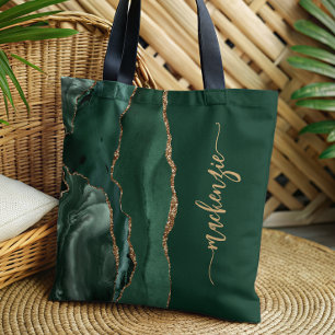 Personalized Signature Emerald Green Gold Agate Tote Bag