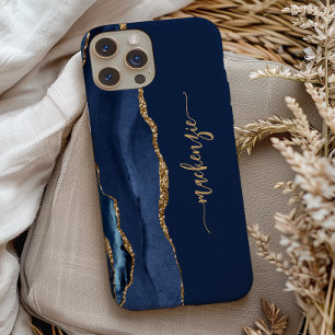 Personalized Signature Navy Blue Gold Agate iPhone 13 Pro Case
