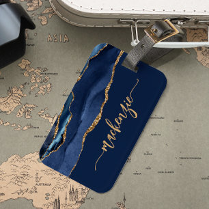 Personalized Signature Navy Blue Gold Agate Luggage Tag