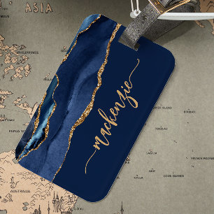 Personalized Signature Navy Blue Gold Agate Luggage Tag