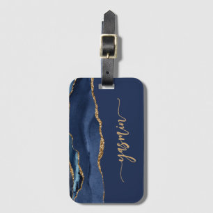 Personalized Signature Navy Blue Gold Agate Luggage Tag