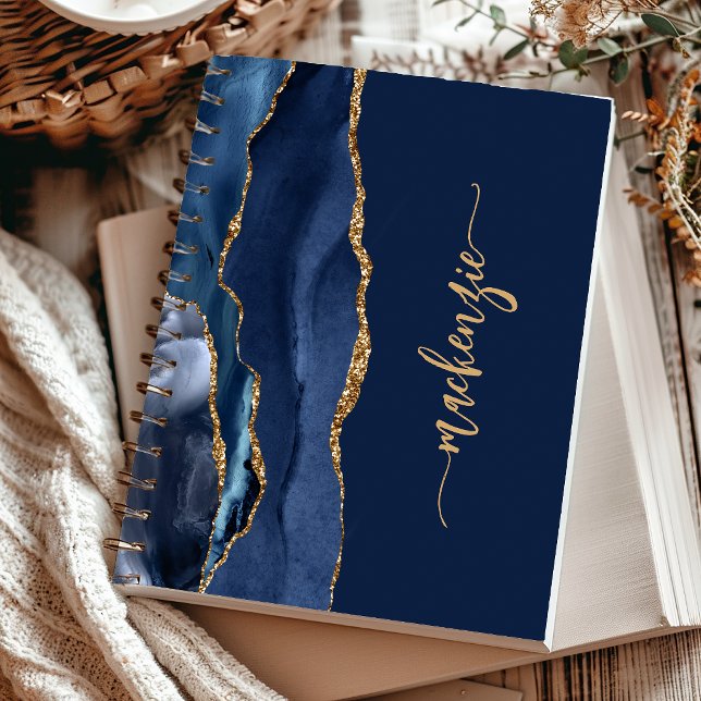 Personalized Signature Navy Blue Gold Agate Notebook (Creator Uploaded)