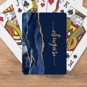 Personalized Signature Navy Blue Gold Agate Playing Cards