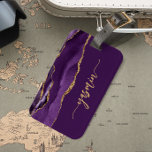 Personalized Signature Purple Gold Agate Luggage Tag<br><div class="desc">Personalize this elegant modern design with your name in vertical gold-coloured signature handwriting script on a purple background with a border of purple watercolor agate trimmed with gold faux glitter. (To keep the swashes at the beginning and end of the name, replace only the letters, leaving the symbols in place.)...</div>