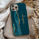 Personalized Signature Teal Blue Gold Agate iPhone 13 Pro Case<br><div class="desc">Personalize this elegant modern design with your name in vertical gold-coloured signature handwriting script on a teal blue background with a border of teal blue watercolor agate trimmed with gold faux glitter. (To keep the swashes at the beginning and end of the name, replace only the letters, leaving the symbols...</div>
