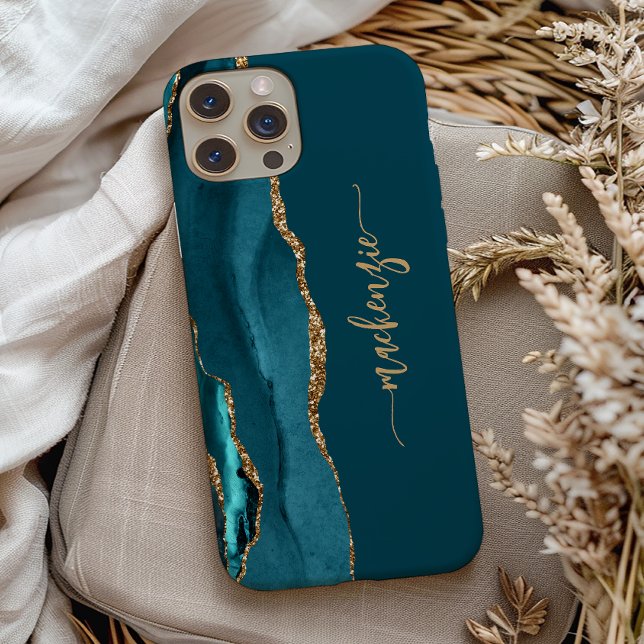 Personalized Signature Teal Blue Gold Agate Case-Mate iPhone Case (Creator Uploaded)