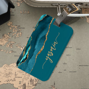 Personalized Signature Teal Blue Gold Agate Luggage Tag