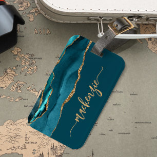 Personalized Signature Teal Blue Gold Agate Luggage Tag