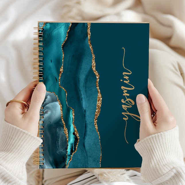 Personalized Signature Teal Blue Gold Agate Notebook (Creator Uploaded)