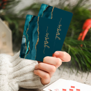 Personalized Signature Teal Blue Gold Agate Playing Cards