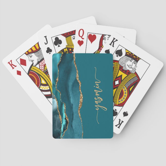 Personalized Signature Teal Blue Gold Agate Playing Cards (Back)