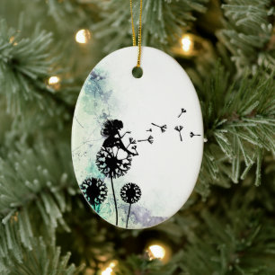 Personalized Silhouette Fairy and Dandelion Seeds Ceramic Ornament