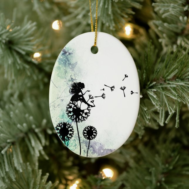 Personalized Silhouette Fairy and Dandelion Seeds Ceramic Ornament (Tree)