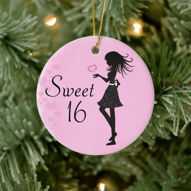Personalized Silhouette Girl and Hearts Sweet 16 Ceramic Ornament (Tree)
