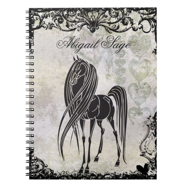 Personalized Silhouette Horse and Grungy Hearts Notebook (Front)