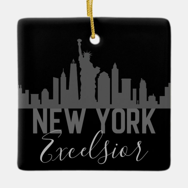 Personalized Silhouette New York Skyline Excelsior Ceramic Ornament (Front)
