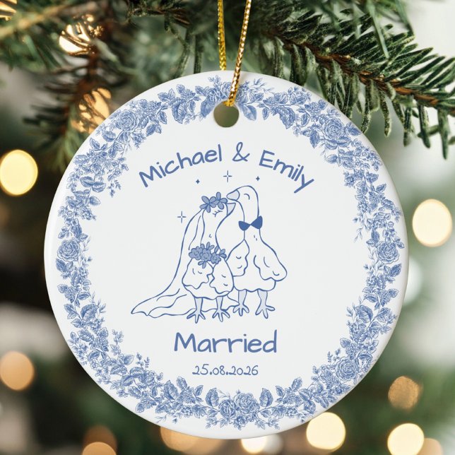 Personalized Silly Goose Married Cute Blue Wedding Ceramic Ornament (Creator Uploaded)
