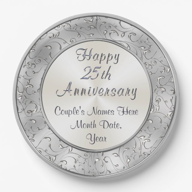 Personalized Silver 25th Anniversary Paper Plates (Front)