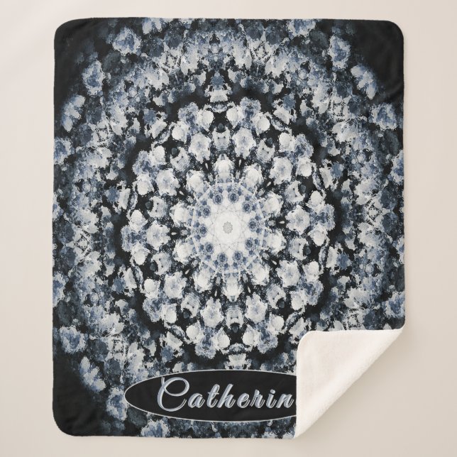 Personalized Silver and Black Floral Glass Mandala Sherpa Blanket (Front)