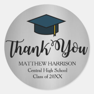 Personalized Silver and Black Thank You Graduation Classic Round Sticker