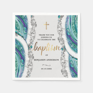 Personalized Silver and Blue Mineral Stone Baptism Napkin