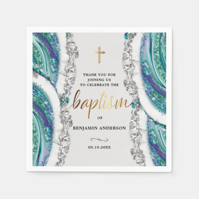 Personalized Silver and Blue Mineral Stone Baptism Napkin (Front)