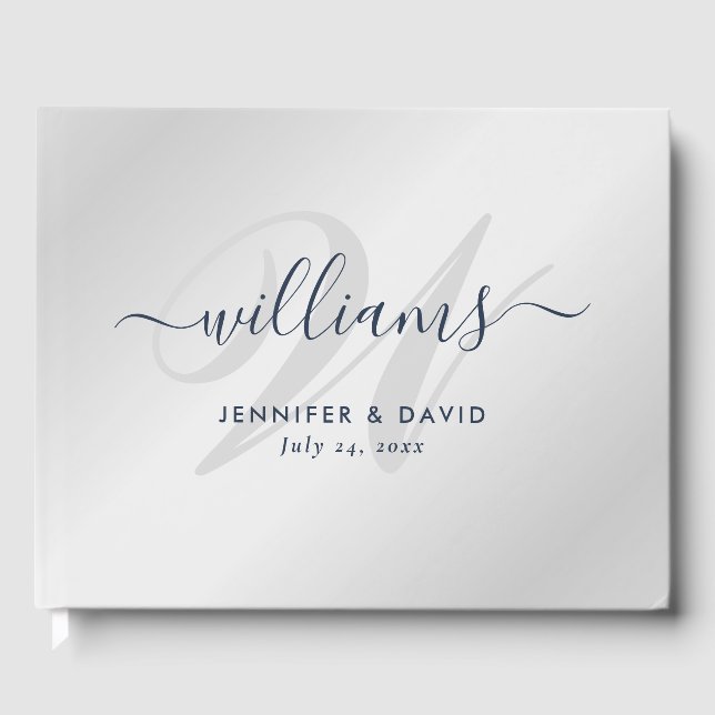 Personalized Silver and Navy Blue Monogram Wedding Guest Book (Front)
