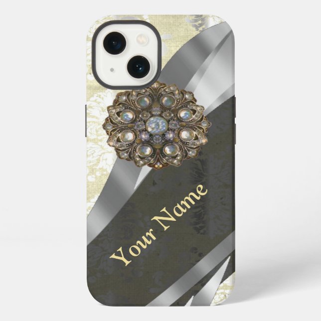 Personalized silver and white damask pattern iPhone case (Back)