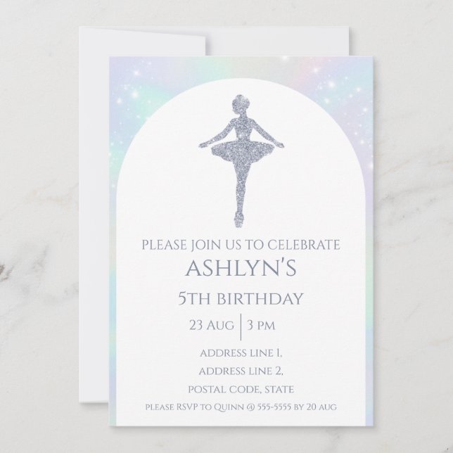 Personalized Silver Ballerina Ballet Birthday Invitation (Front)