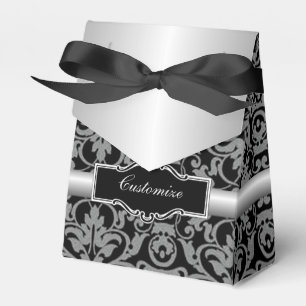 Personalized Silver & Black Damask Tent Favour Box