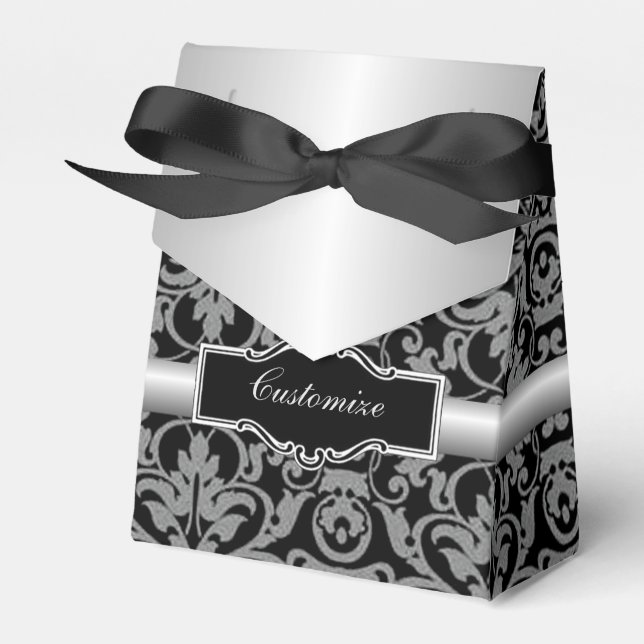Personalized Silver & Black Damask Tent Favour Box (Front Side)
