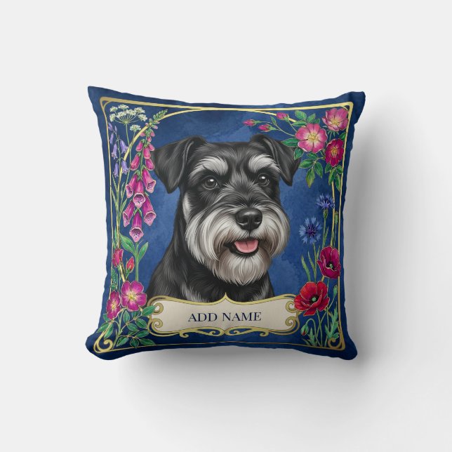 Personalized Silver & Black Schnauzer Blue Cushion (Front)