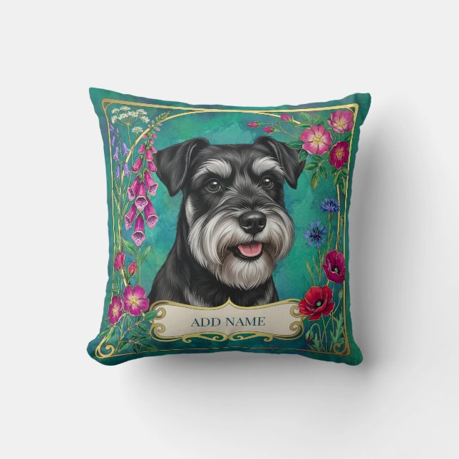 Personalized Silver & Black Schnauzer Teal Cushion (Front)
