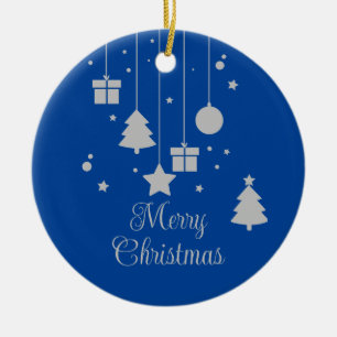 Personalized Silver Blue Christmas Ceramic Ornament