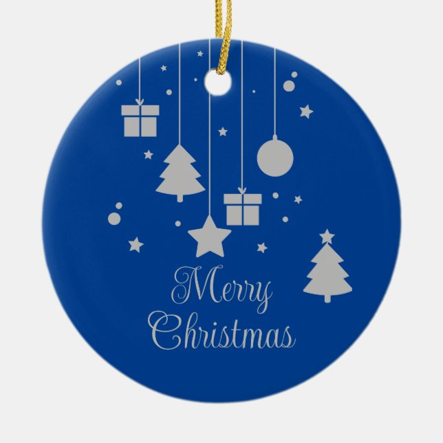Personalized Silver Blue Christmas Ceramic Ornament (Front)