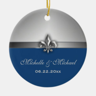 Personalized Silver Blue Fleur de Lis Ceramic Ornament