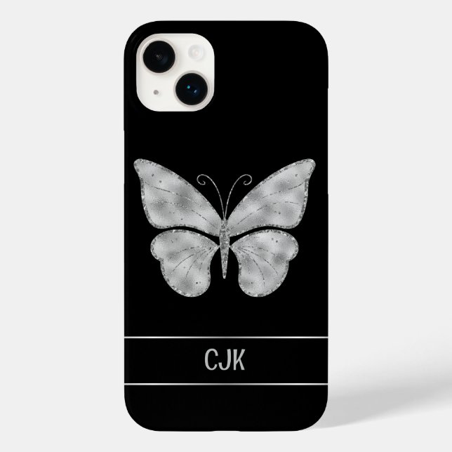 Personalized Silver Butterfly on Black Case-Mate iPhone Case (Back)