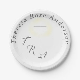 Personalized Silver Cross Christening Paper Plate